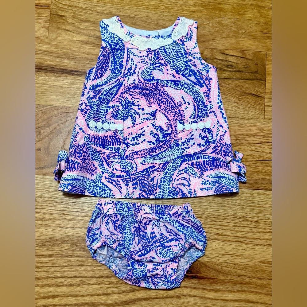 Lilly Pulitzer Shift Dress with Bloomers in Coastal Blue Maybe Gator 3-6 month